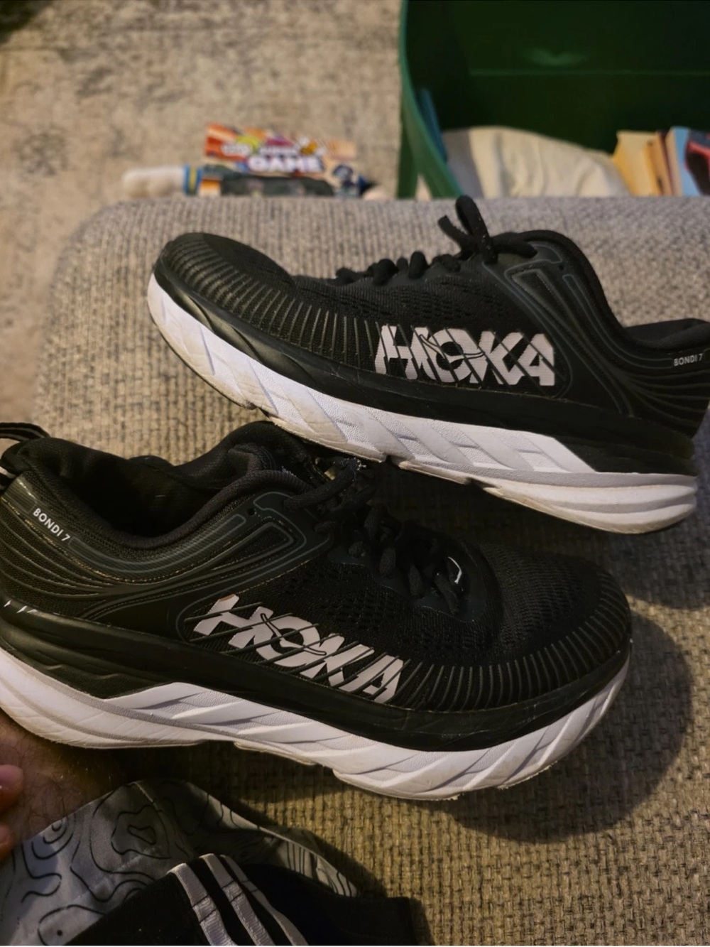 Hoka Black and White Bondi 7 Cushioned Running Shoes